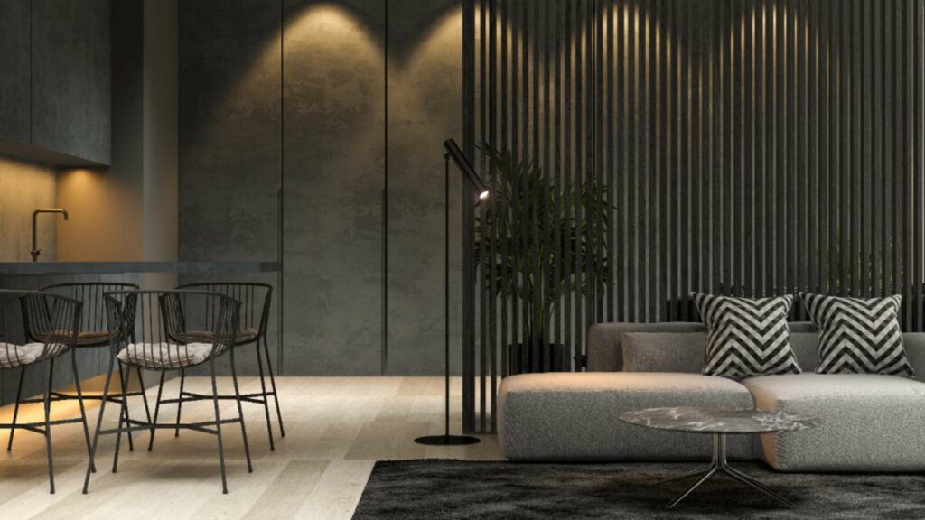 Intérieur moderne et minimaliste avec des matériaux durables, un éclairage doux et un mobilier design, illustrant une rénovation énergétique alliant performance et esthétique. Cet espace met en valeur l'efficacité énergétique grâce à des solutions innovantes tout en créant une ambiance élégante et chaleureuse.